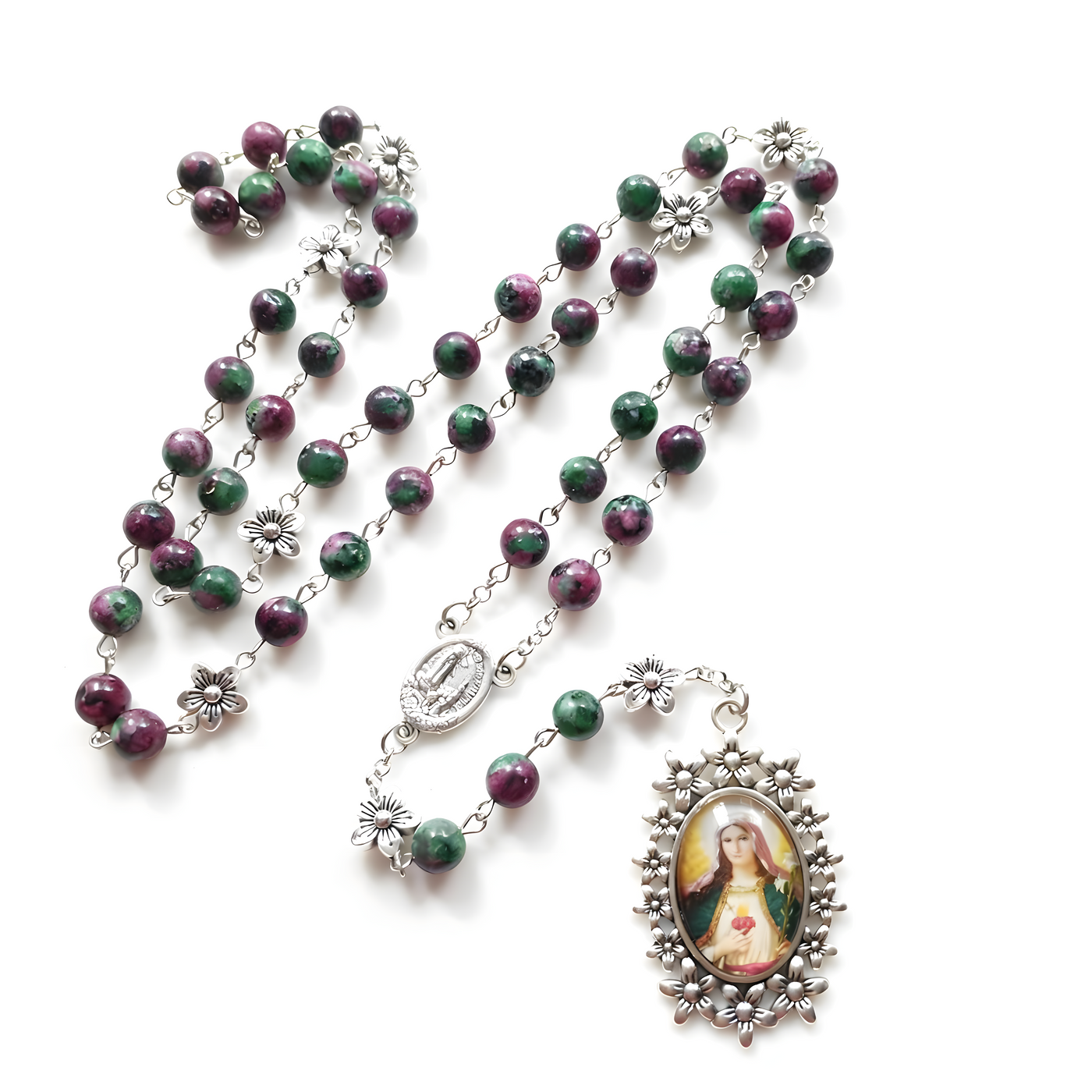 BlessingTree Glass Sacred Heart Rosary Necklace with Natural Stone Beads