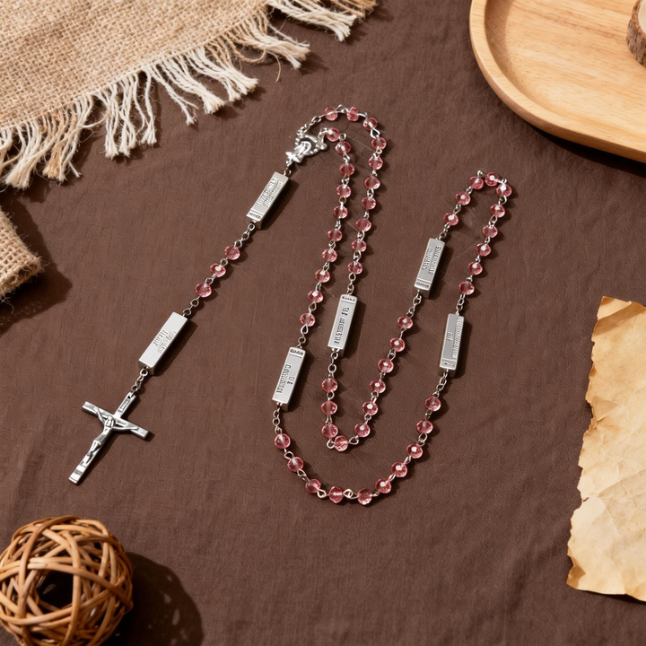 BlessingTree Light Rose Mysteries Rosary Necklace with Silver Crucifix