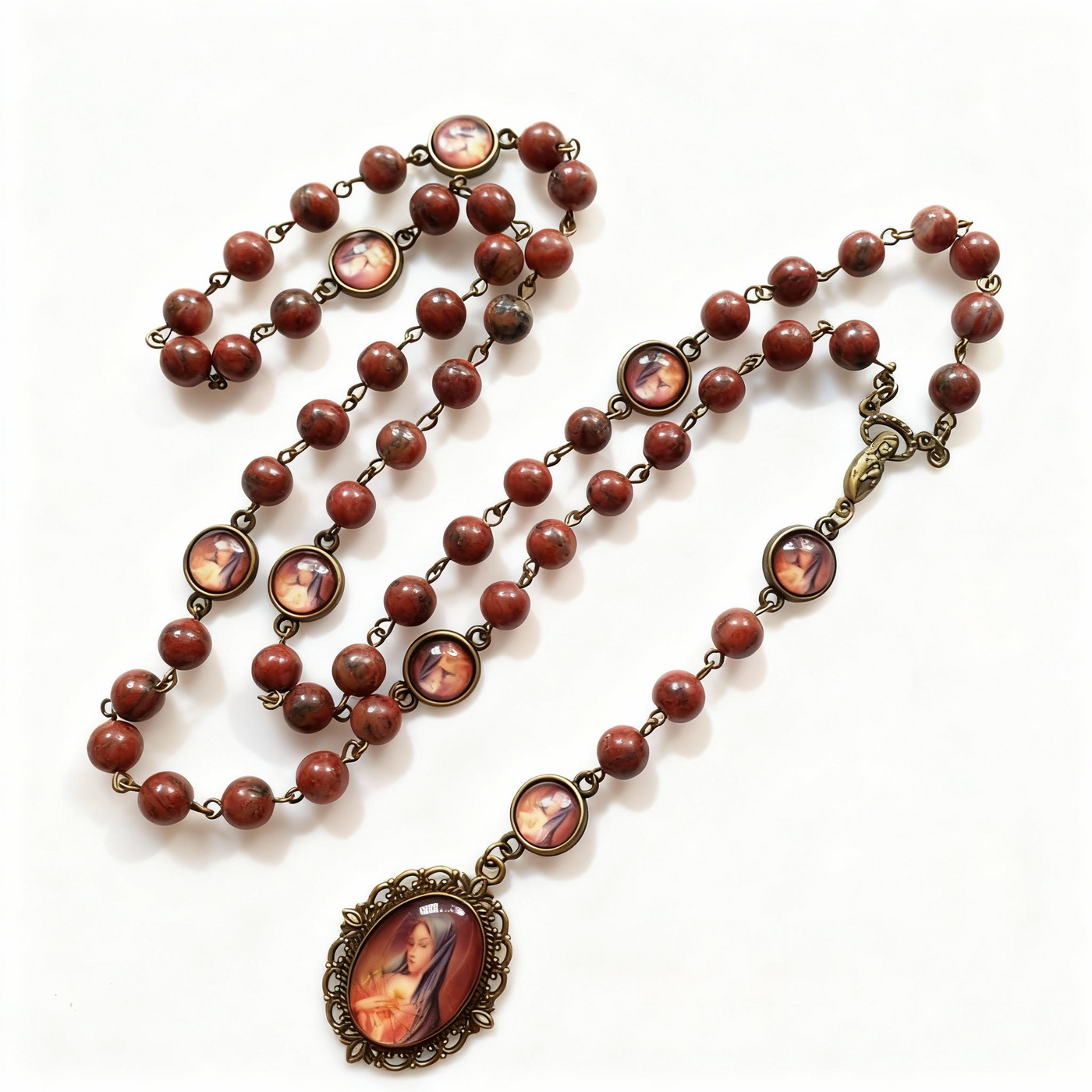 BlessingTree Vintage Jasper Rosary Necklace with Virgin Mary Medal and Crucifix Pendant