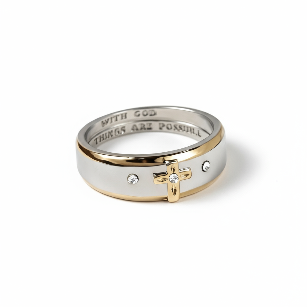 BlessingTree Two-Tone Cross Ring with Engraved Faith Message