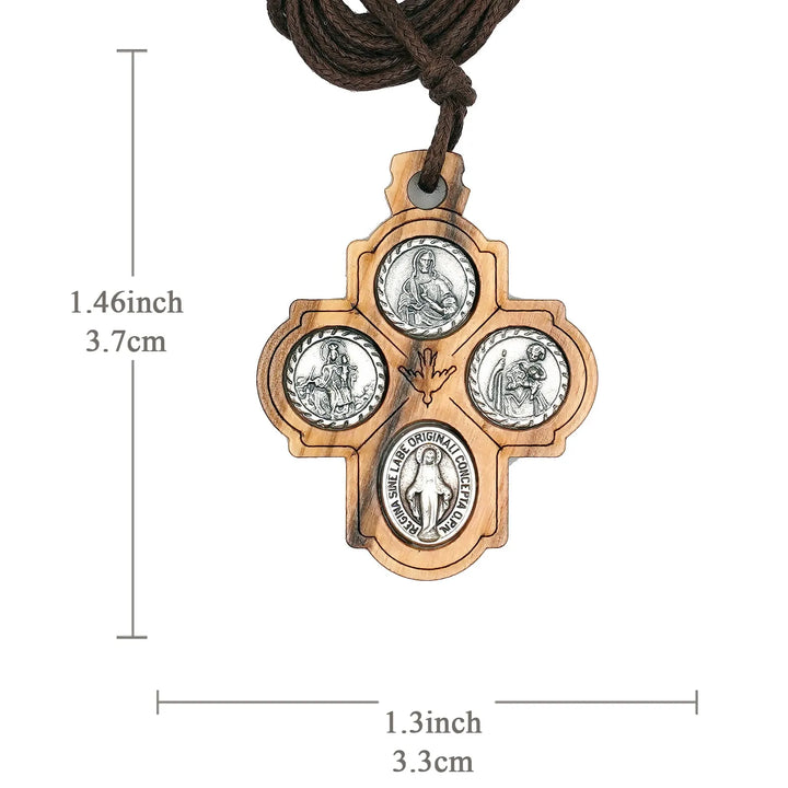 BlessingTree Four Medallion Olive Wood Crucifix Necklace with Virgin Mary - Scapular Devotion