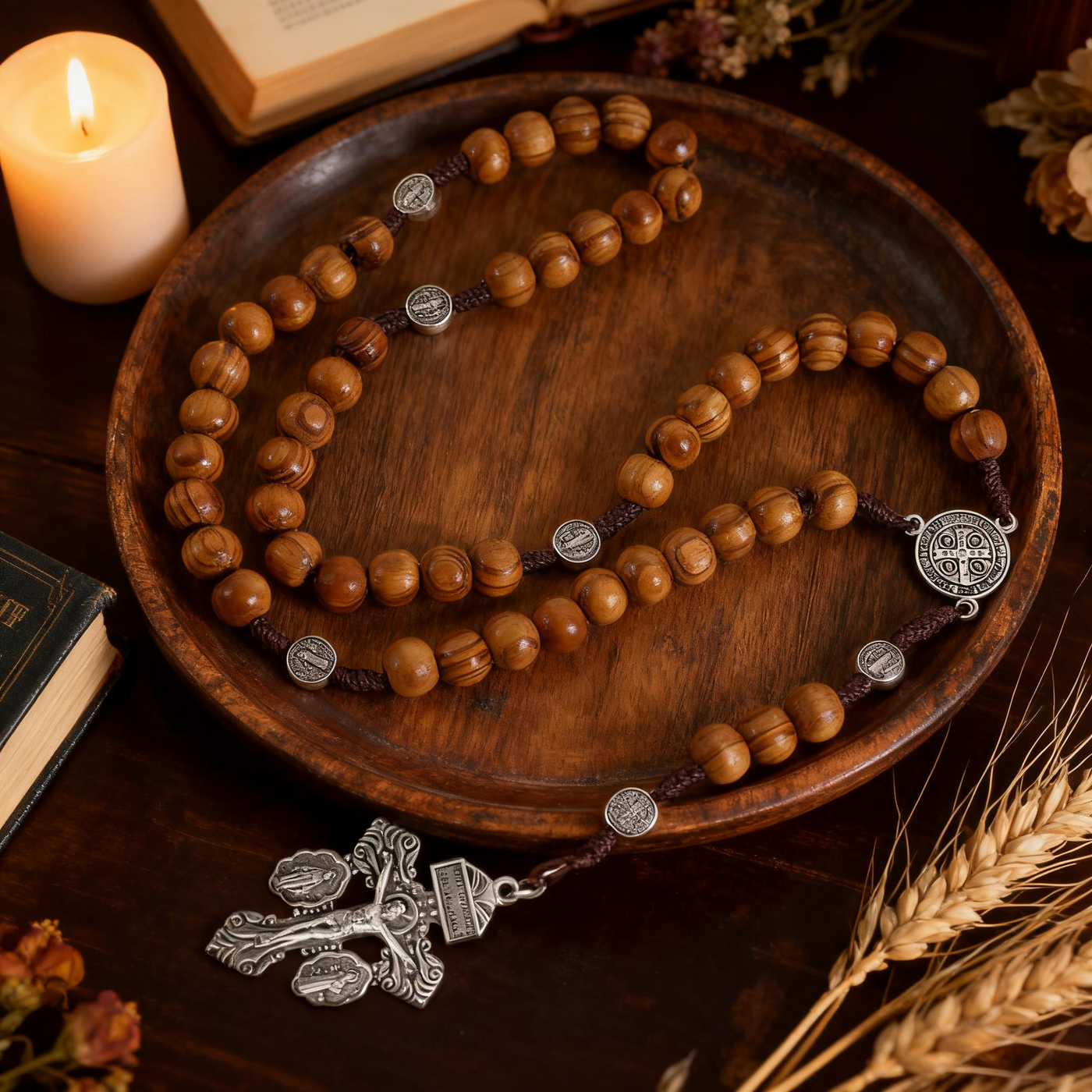 BlessingTree 10mm Pine Wood Beads Rosary Necklace with Alloy Crucifix