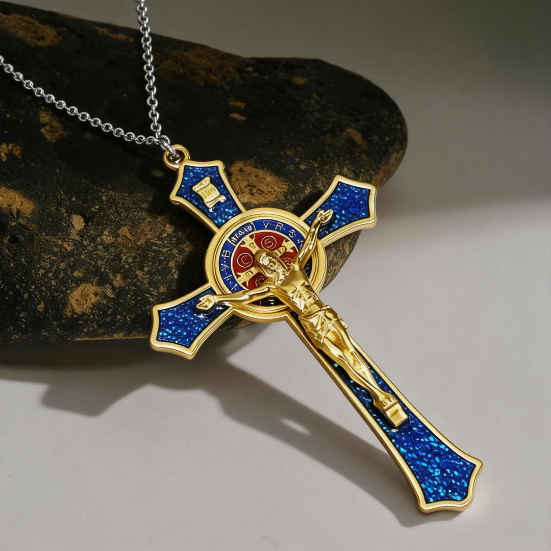 BlessingTree Saint Benedict Crucifix Necklace in Red, Blue, and Black Enamel