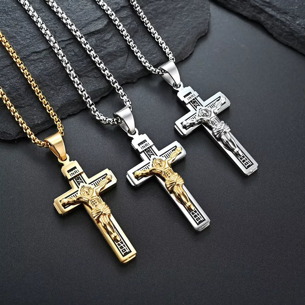 BlessingTree Stainless Steel Crucifix Necklace INRI Jesus Cross Pendant
