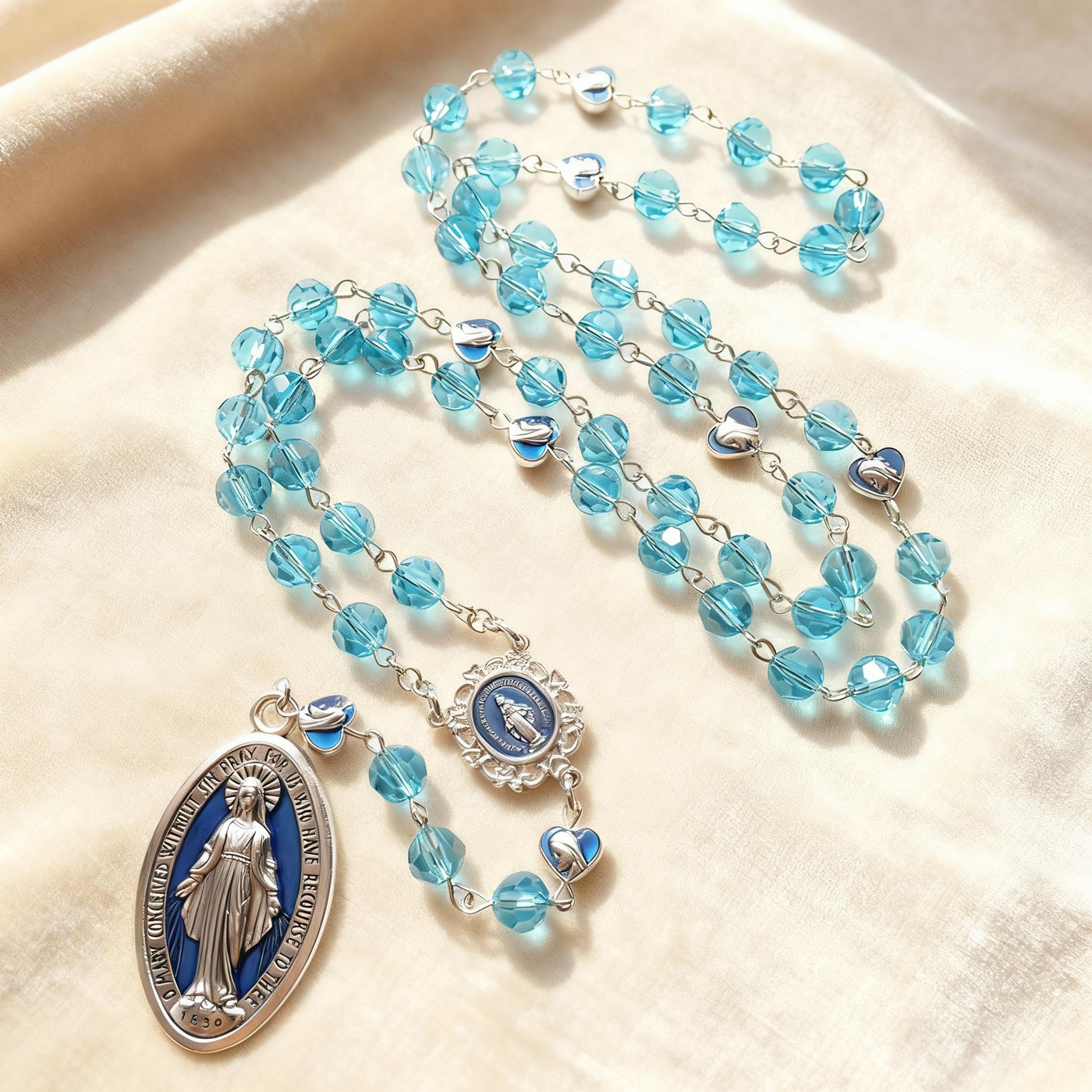 BlessingTree Miraculous Medal Rosary Necklace with 8mm Lake Blue Crystal Beads & Silver Crucifix