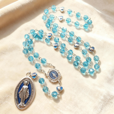 BlessingTree Miraculous Medal Rosary Necklace with 8mm Lake Blue Crystal Beads & Silver Crucifix