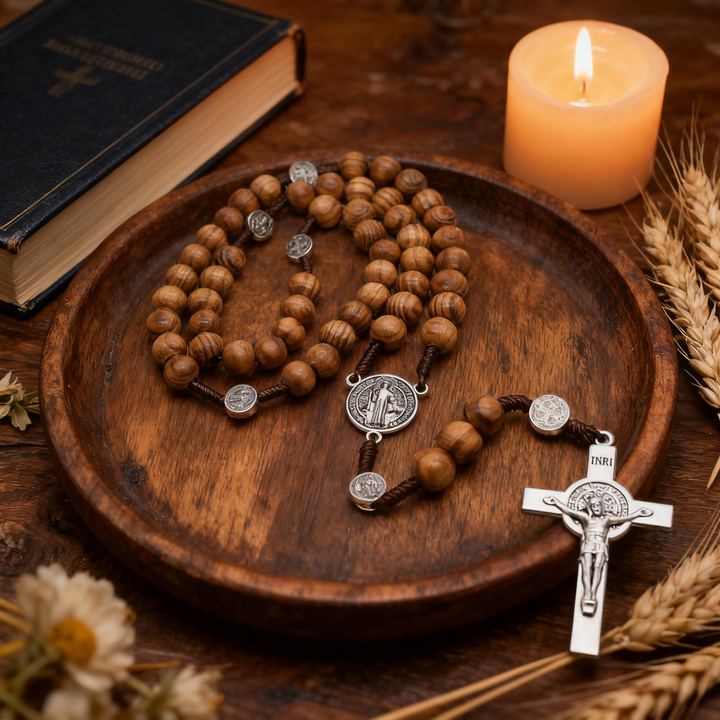 BlessingTree 10mm Pine Wood Beads Rosary Necklace with Alloy Crucifix