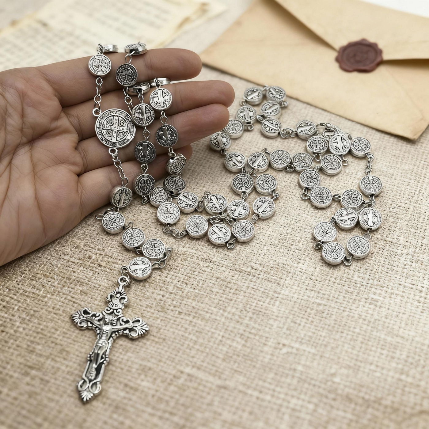 St. Benedict Antique Silver Rosary Necklace – 10mm Alloy Beads Catholic Crucifix Prayer Beads