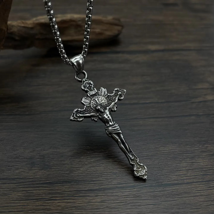 BlessingTree Stainless Steel INRI Crucifix Necklace with Jesus Figure Catholic Cross Pendant