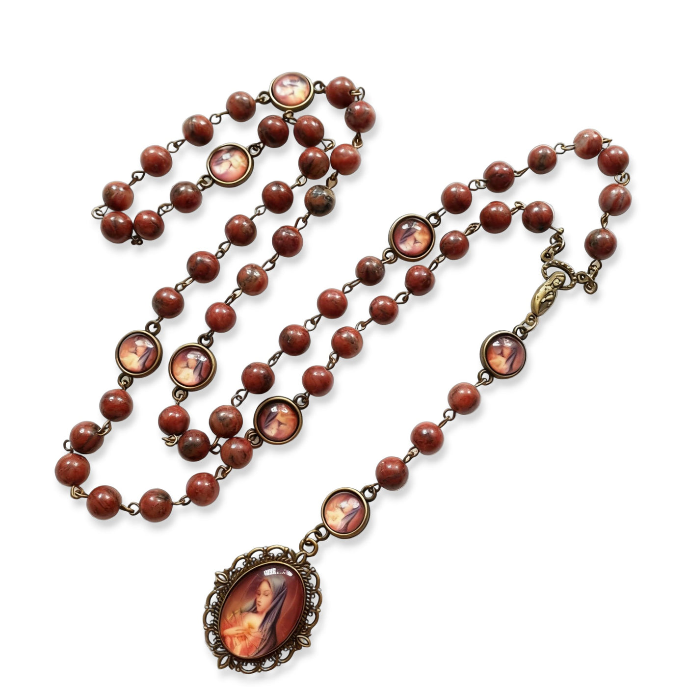 BlessingTree Vintage Jasper Rosary Necklace with Virgin Mary Medal and Crucifix Pendant