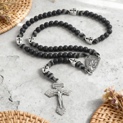 BlessingTree Saint Michael Paracord Rosary Necklace – Antique Bronze / Matte Black Metal Beads