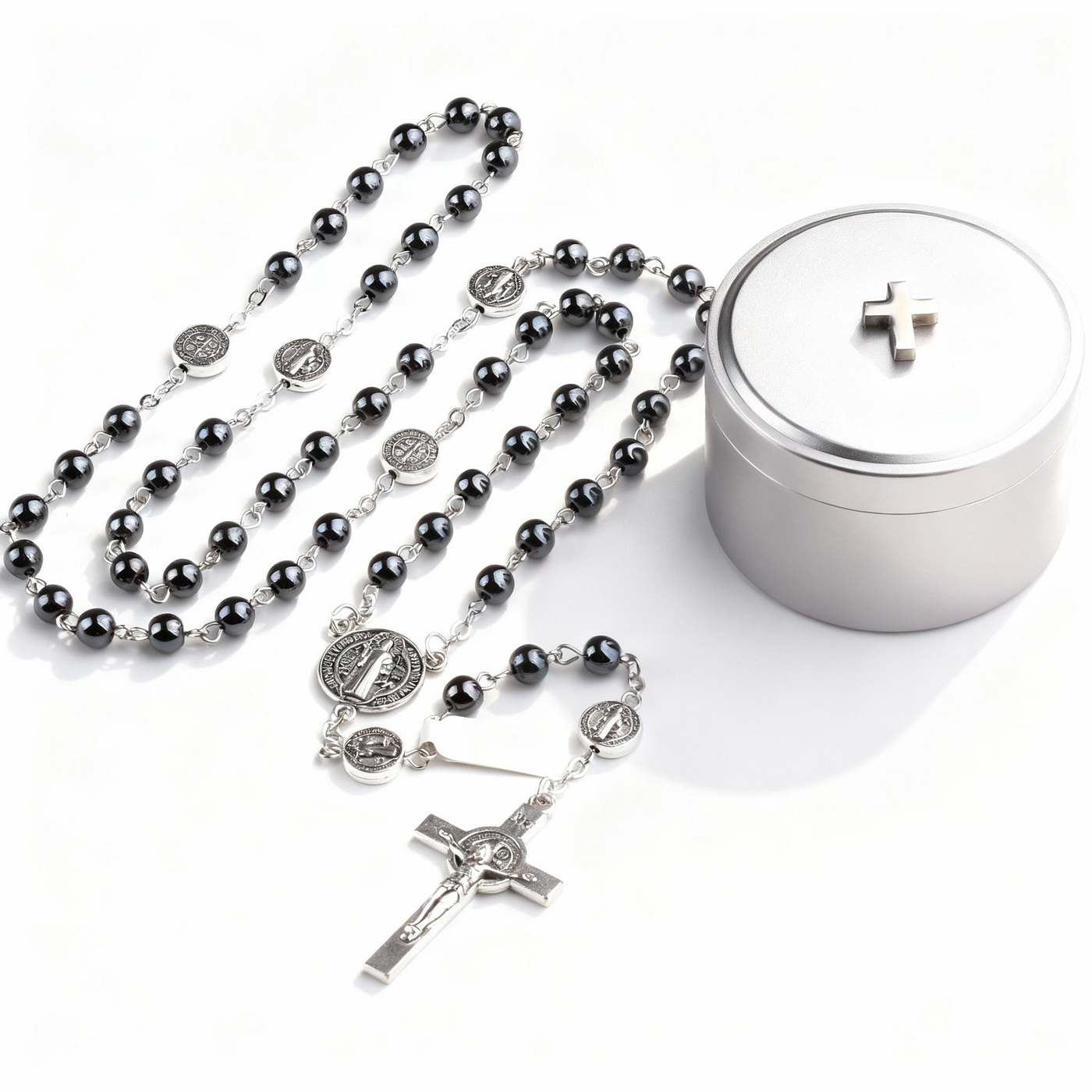 BlessingTree Hematite Rosary Necklace with Saint Benedict Cross