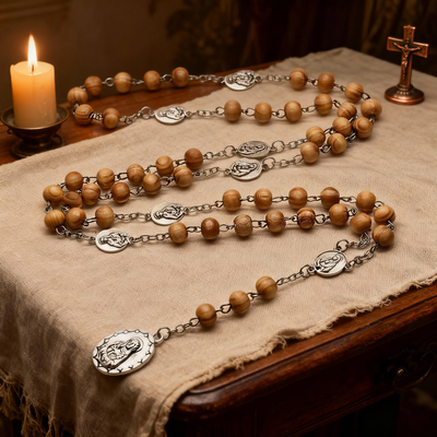 BlessingTree Seven Sorrows Rosary Necklace with Brown Pinewood Beads and Alloy Medals