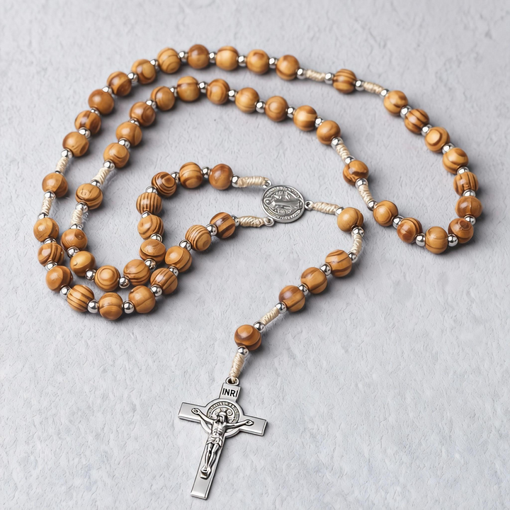 BlessingTree Natural Wood Bead Rosary with St. Benedict Crucifix