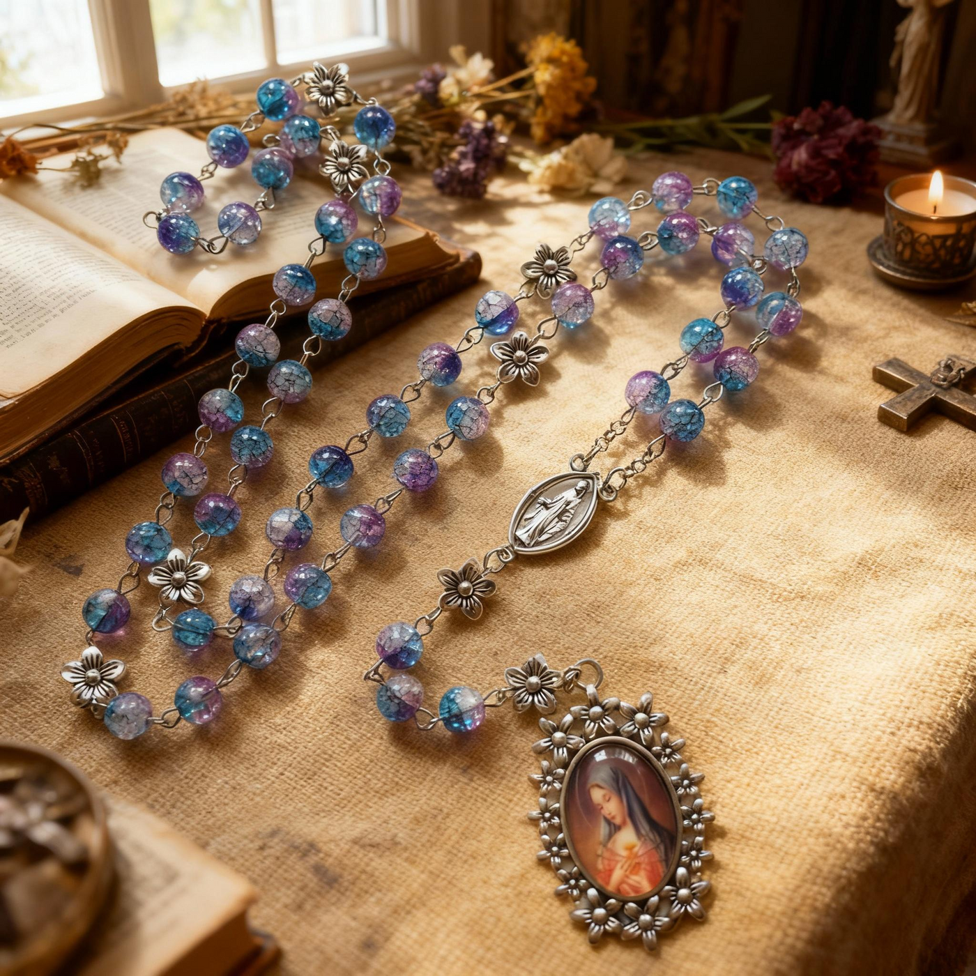 BlessingTree Aurora Dream Rosary Necklace with Virgin Mary Pendant
