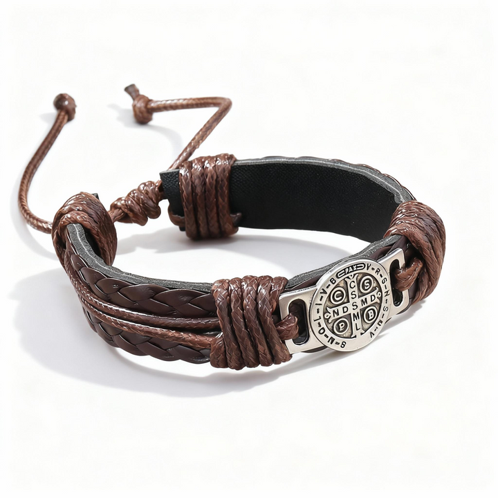 BlessingTree Handcrafted Leather Bracelet with St. Benedict Medal