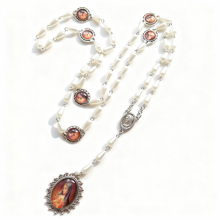 BlessingTree Our Lady of Guadalupe & Crucifix of 5×10 mm Drop-shaped White Acrylic Glass Rosary Necklace