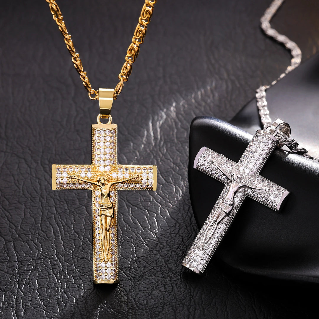BlessingTree Crucifix Pendant Necklace Zircon Studded Stainless Steel Catholic Chain