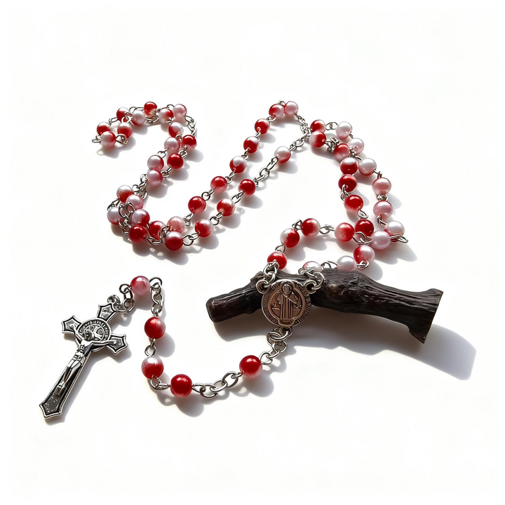 BlessingTree Red & White Pearl Rosary Necklace