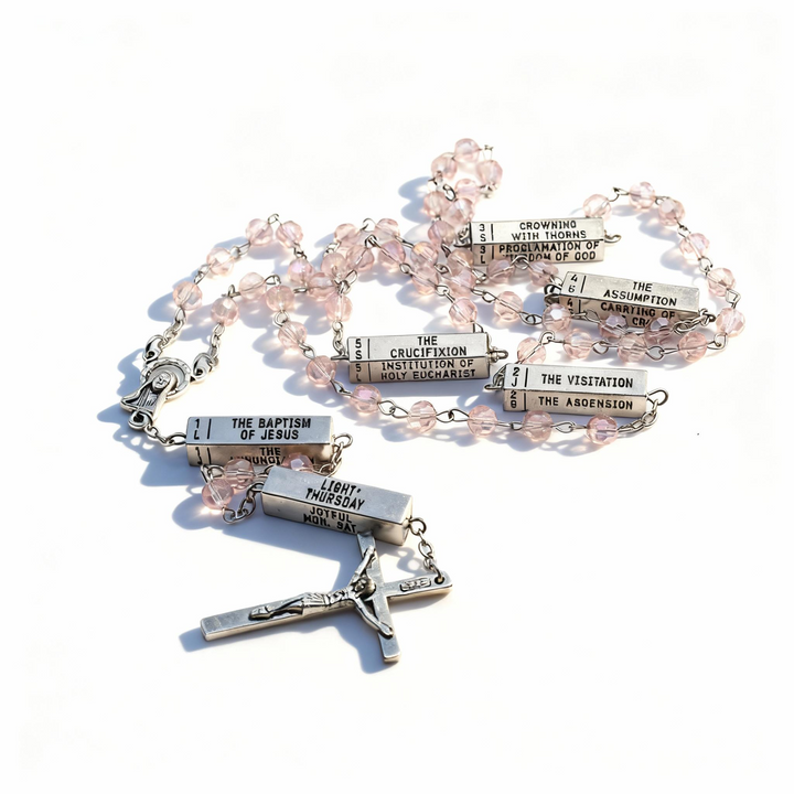 BlessingTree Light Rose Mysteries Rosary Necklace with Silver Crucifix