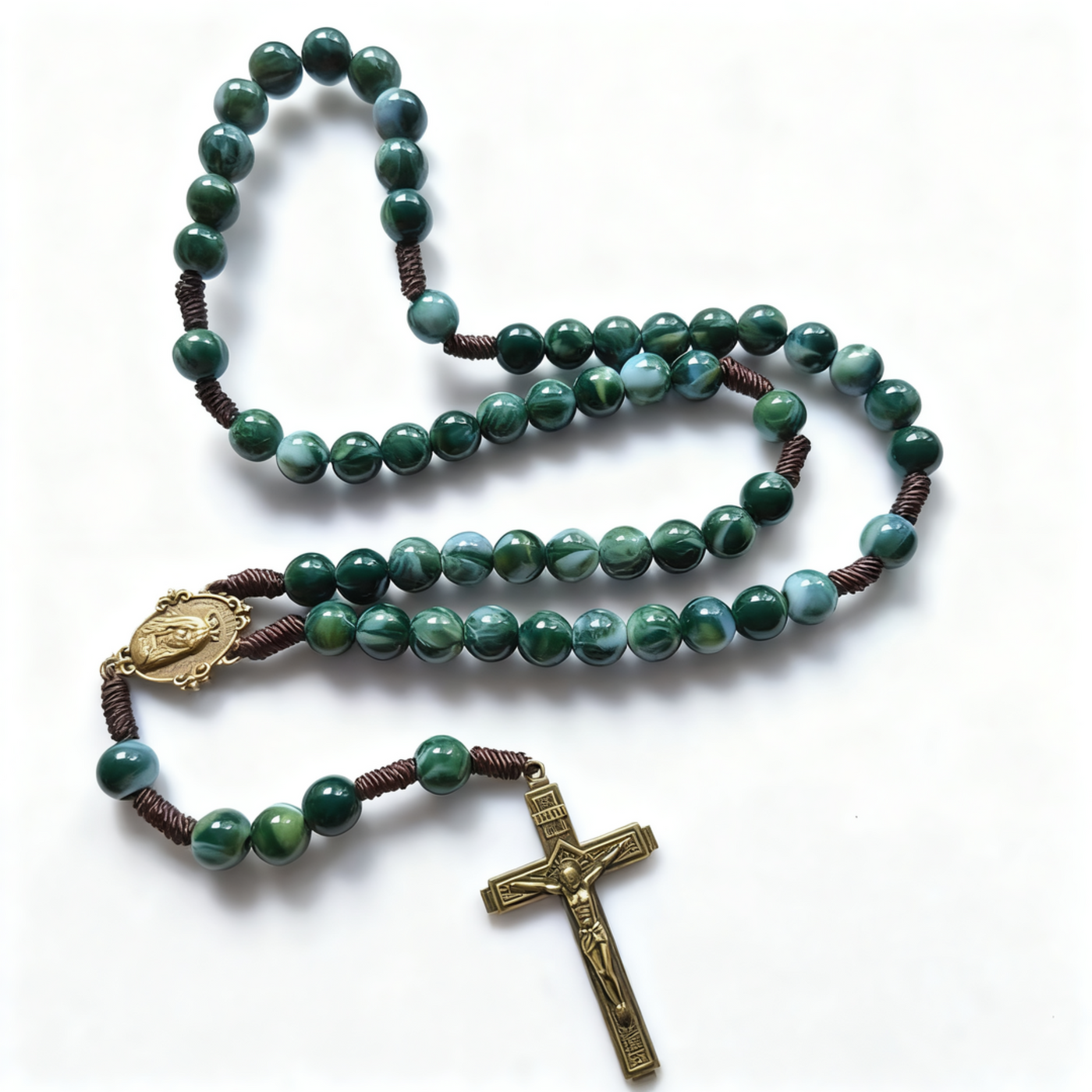 BlessingTree Green Stone Catholic Rosary Necklace with Crucifix and Mary Medal