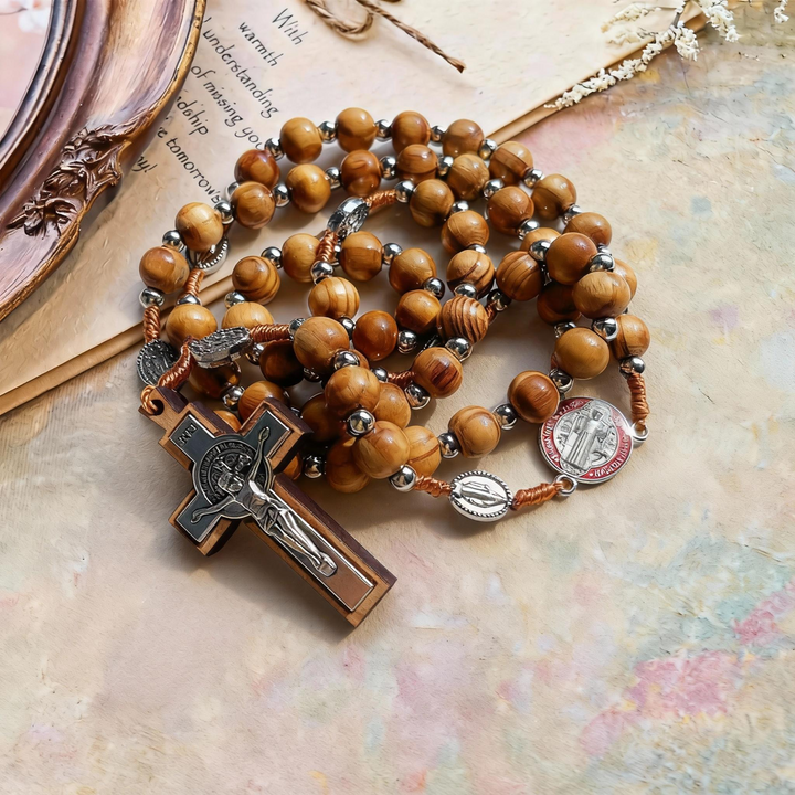 BlessingTree Vintage Natural Wood Bead Rosary Necklace