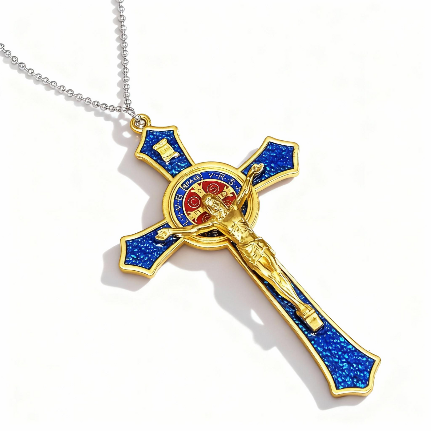 BlessingTree Saint Benedict Crucifix Necklace in Red, Blue, and Black Enamel