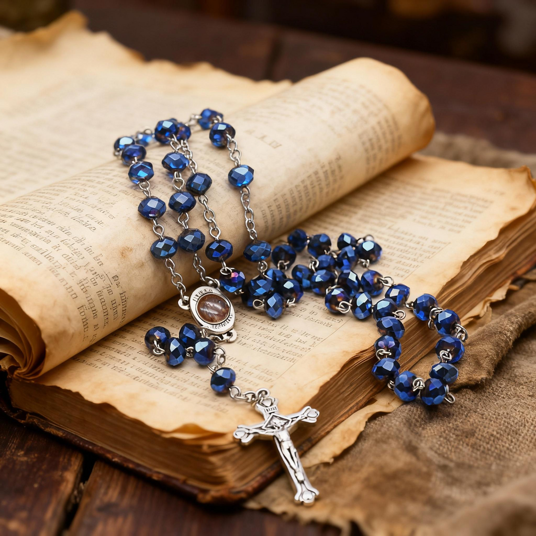 BlessingTree Deep Blue Crystal Rosary Necklace with Silver Crucifix and Virgin Mary Centerpiece