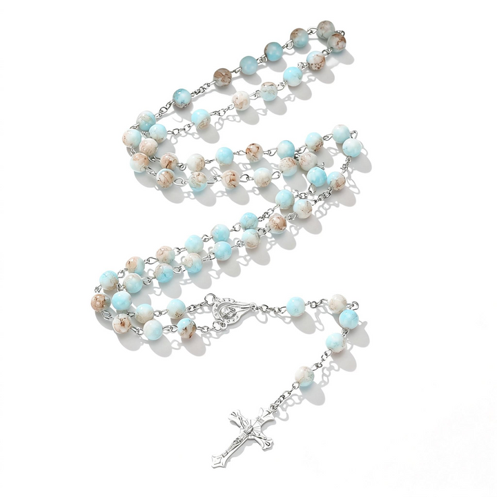 BlessingTree Vintage Blue Glass Bead Rosary Necklace