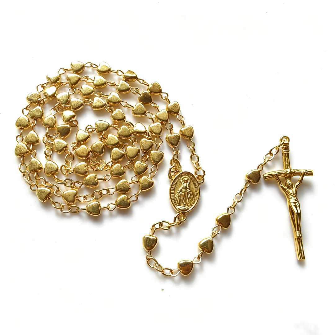 BlessingTree Heart Bead Rosary Necklace with Crucifix