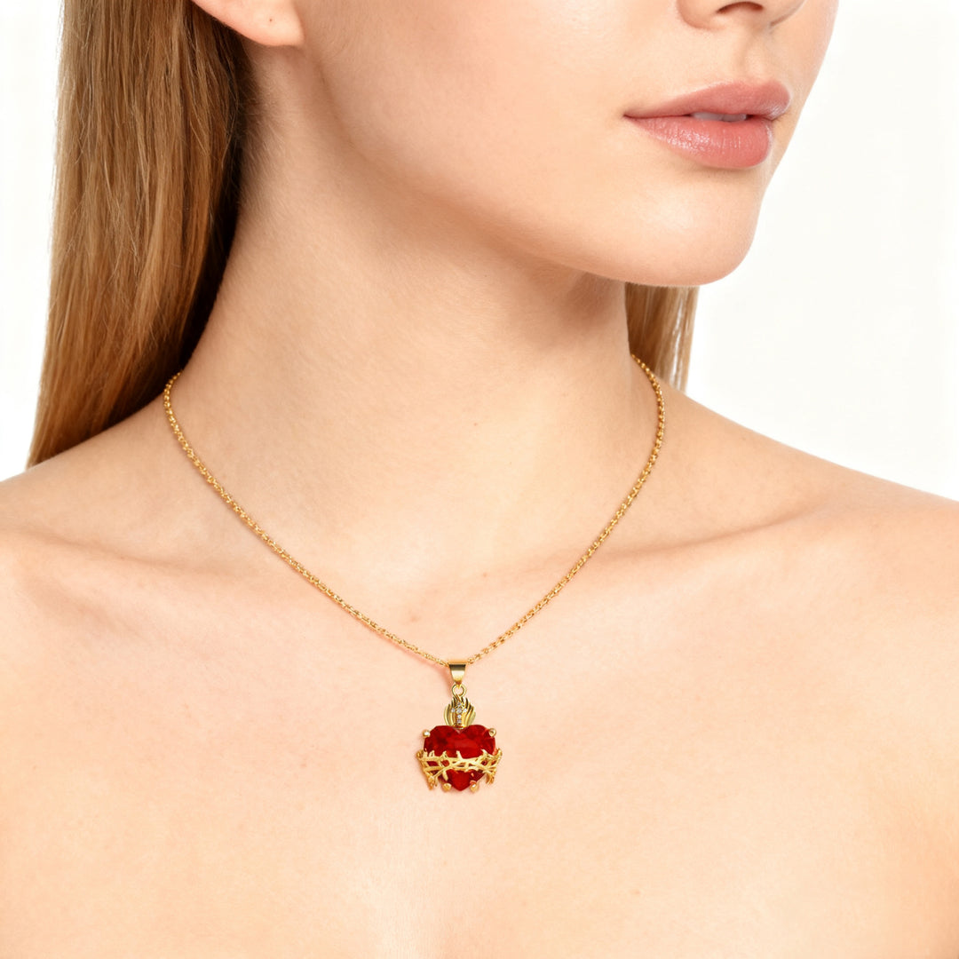 BlessingTree Red Sacred Heart Cross Necklace Zircon Catholic Devotional Pendant