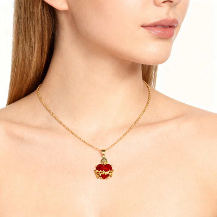 BlessingTree Red Sacred Heart Cross Necklace Zircon Catholic Devotional Pendant