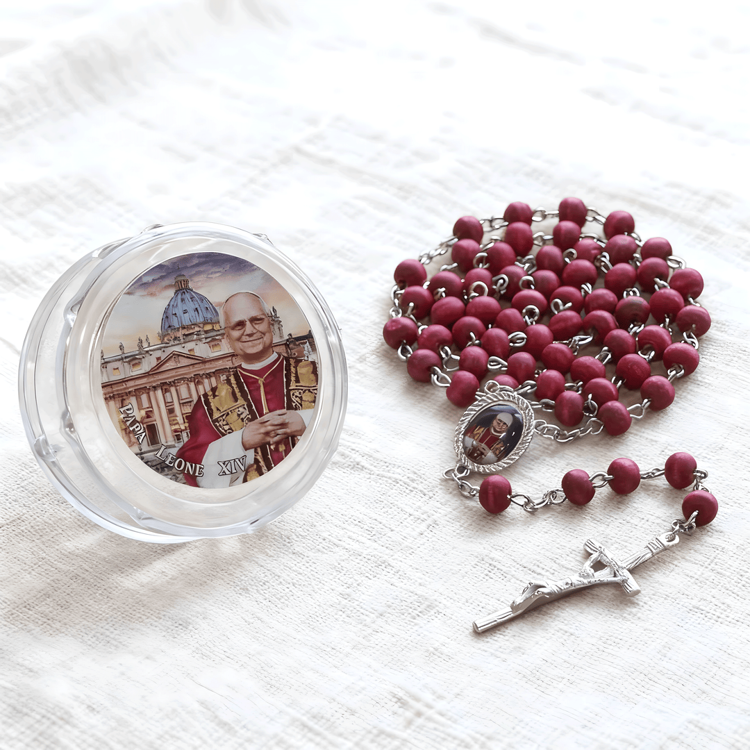 BlessingTree Pope Leo XIV Red Rose Scented Wooden Rosary Necklace with Crucifix