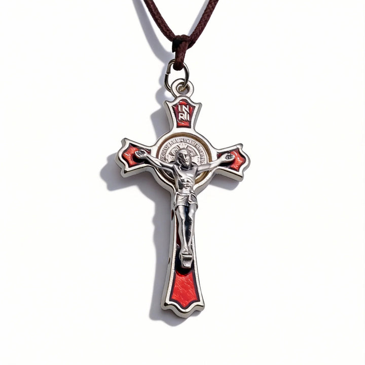 BlessingTree Saint Benedict Crucifix Pendant Silver Plated Alloy with Red Enamel and INRI