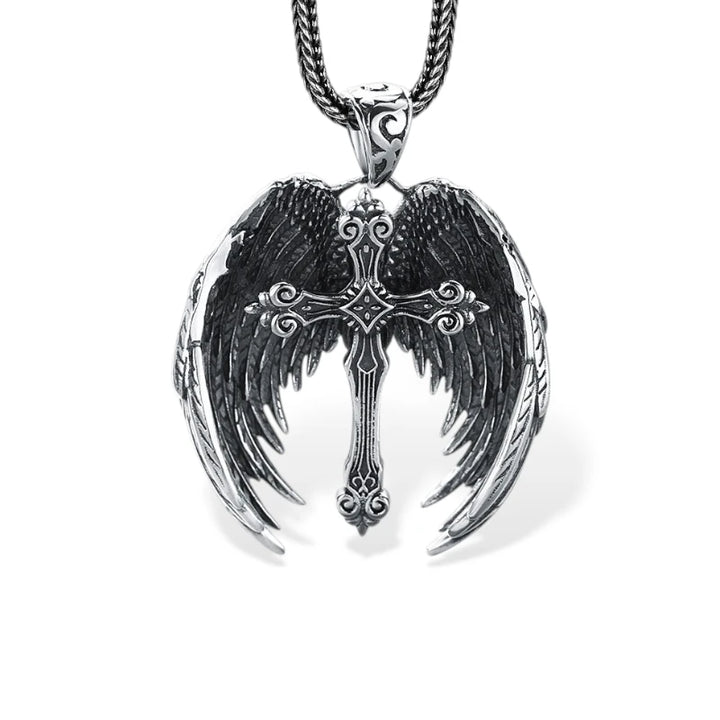 BlessingTree Silver Plated Winged Cross Pendant Necklace 20 Inch Christian Jewelry