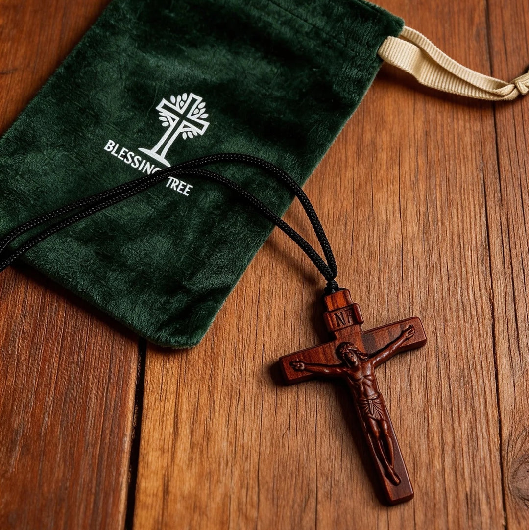 BlessingTree Natural Wood Crucifix Necklace, Hand-Carved Jesus Pendant with Adjustable Cord
