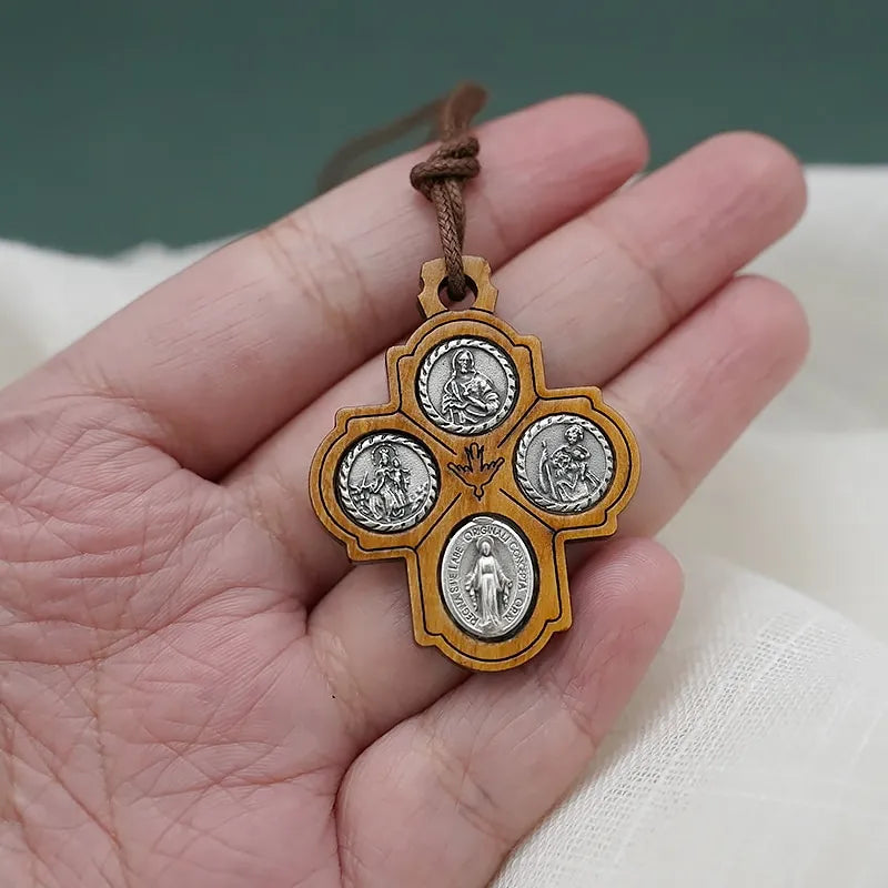 BlessingTree Four Medallion Olive Wood Crucifix Necklace with Virgin Mary - Scapular Devotion
