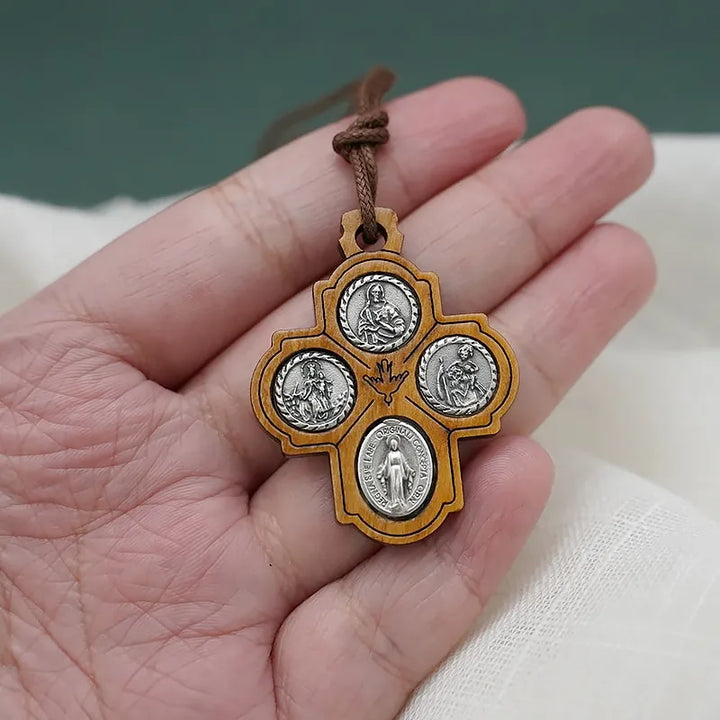 BlessingTree Four Medallion Olive Wood Crucifix Necklace with Virgin Mary - Scapular Devotion