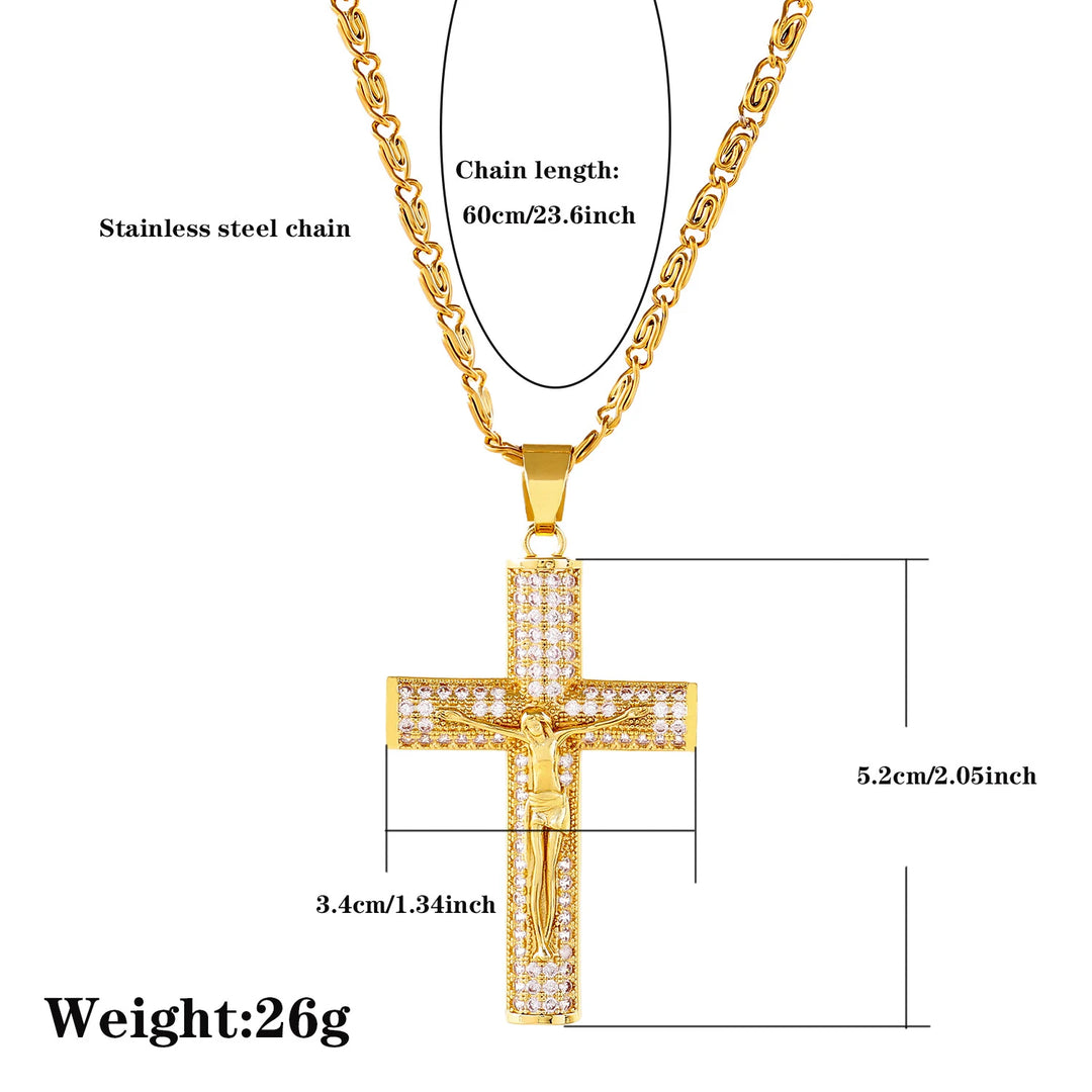 BlessingTree Crucifix Pendant Necklace Zircon Studded Stainless Steel Catholic Chain