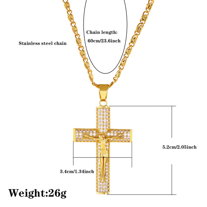 BlessingTree Crucifix Pendant Necklace Zircon Studded Stainless Steel Catholic Chain