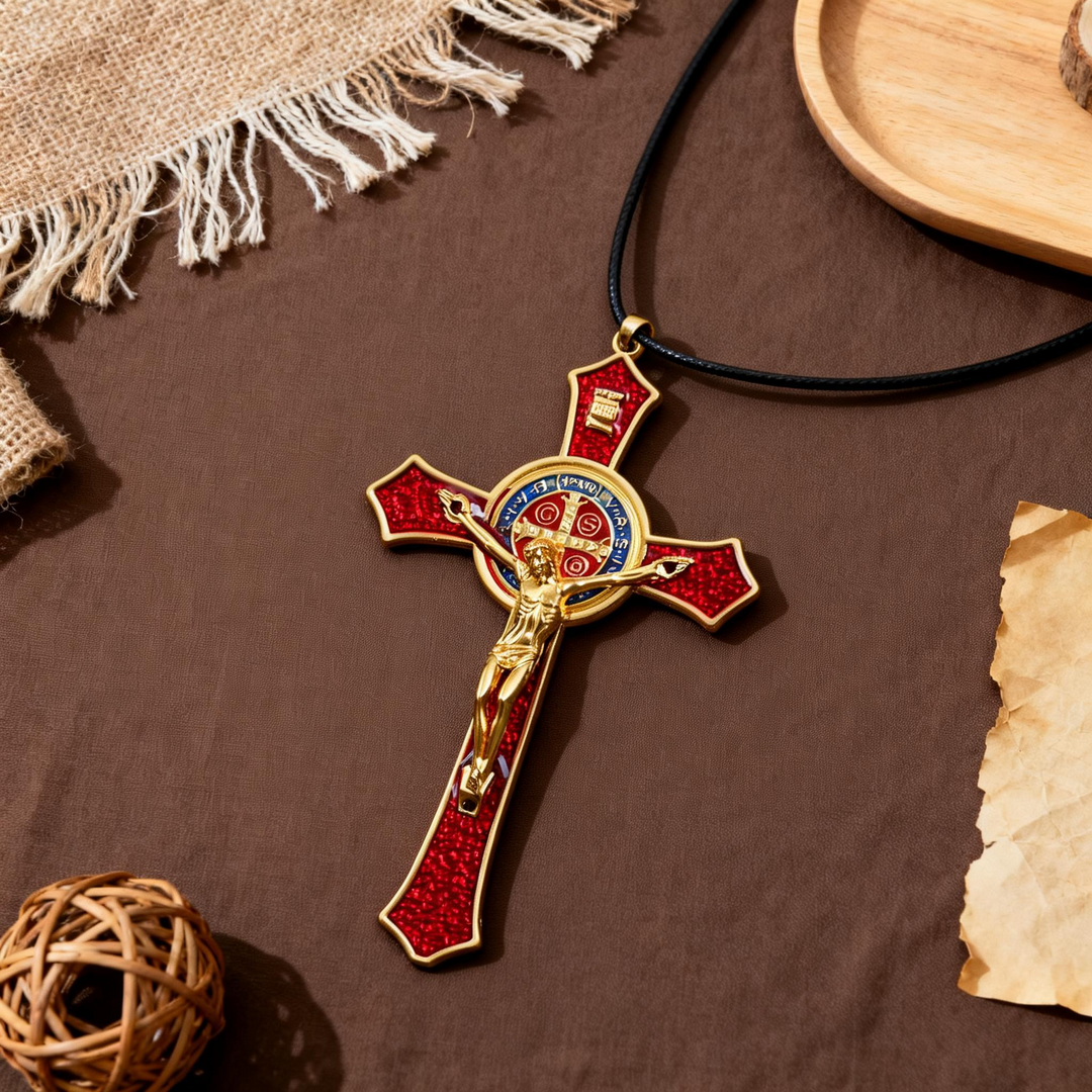 BlessingTree Saint Benedict Crucifix Necklace in Red, Blue, and Black Enamel