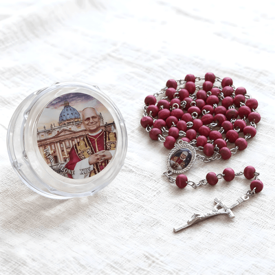 BlessingTree Pope Leo XIV Red Rose Scented Wooden Rosary Necklace with Crucifix