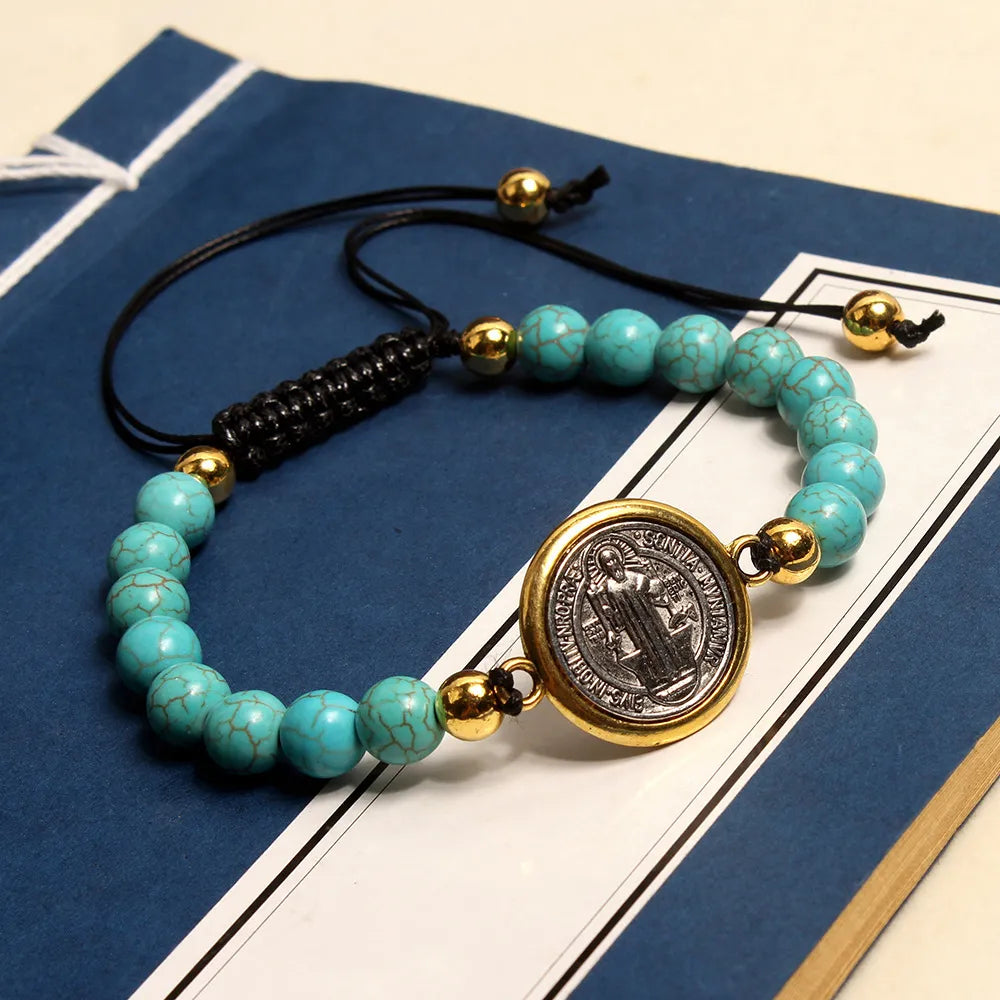 BlessingTree St Benedict Turquoise Beaded Bracelet Catholic Handmade Adjustable Bracelet