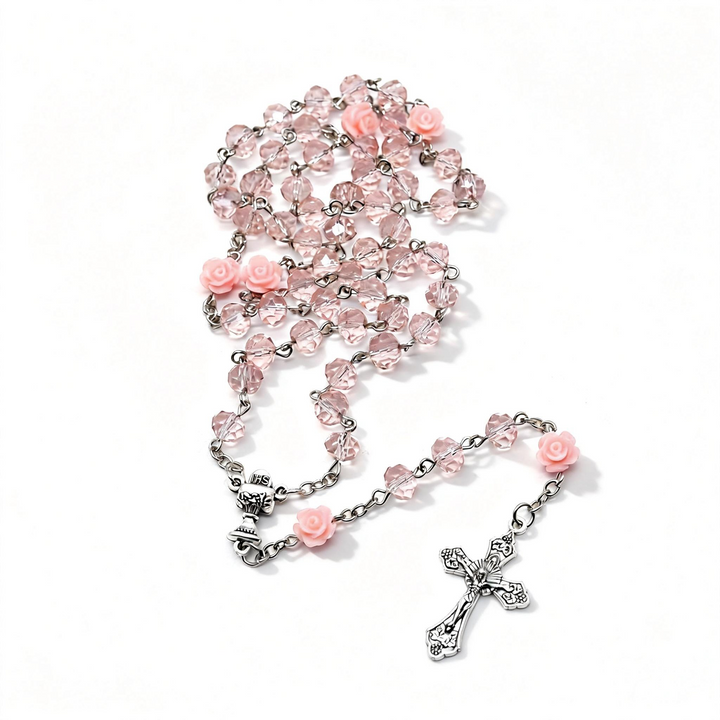 BlessingTree Pink Rose Glass Bead Rosary Necklace