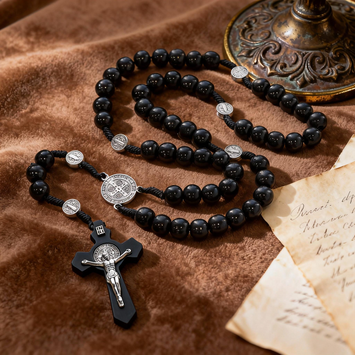 BlessingTree St. Benedict Wooden Rosary Necklace for Daily Prayer