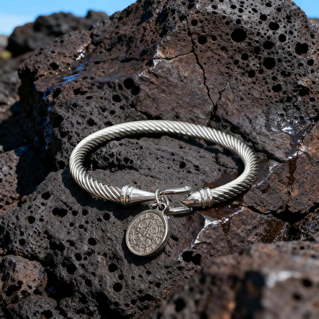 BlessingTree Stainless Steel Cable Bracelet with Saint Benedict Medal