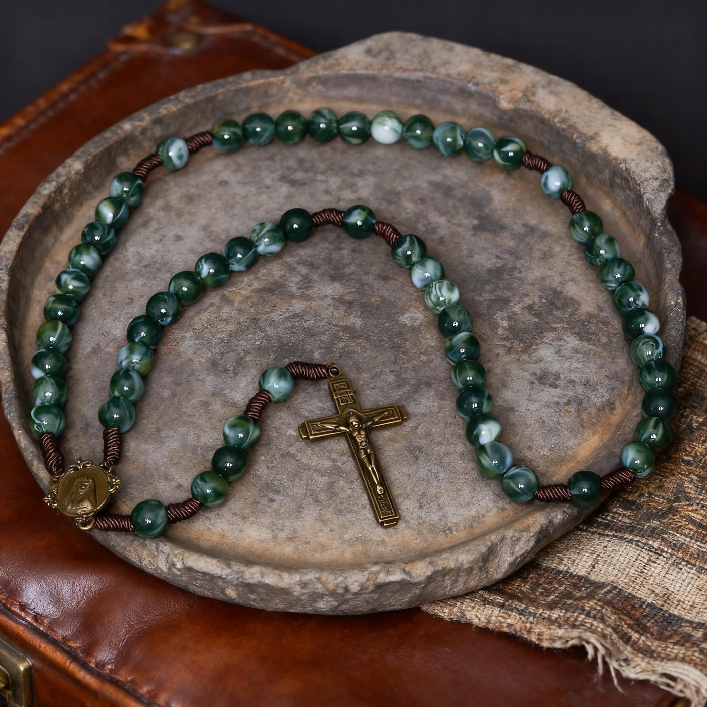 BlessingTree Green Stone Catholic Rosary Necklace with Crucifix and Mary Medal