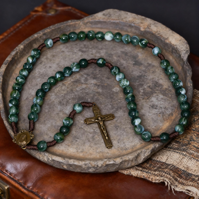 BlessingTree Green Stone Catholic Rosary Necklace with Crucifix and Mary Medal