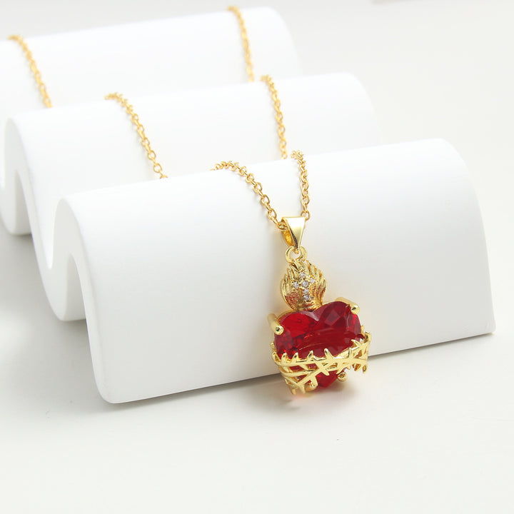BlessingTree Red Sacred Heart Cross Necklace Zircon Catholic Devotional Pendant