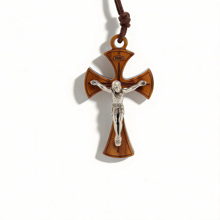 BlessingTree Olive Wood Crucifix Necklace with Corpus and Cord